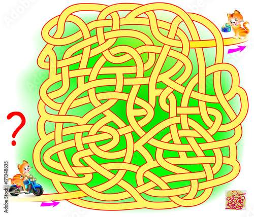 Logic puzzle game with labyrinth for children and adults. Help the cat find the way from start till end. Vector image.