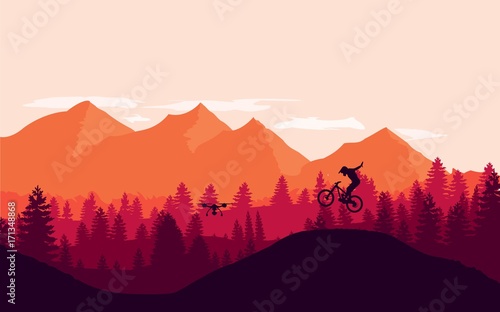 Downhill biking. Filming with a drone.Vector flat landscape.