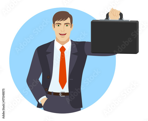 Businessman with hand in pocket holding briefcase