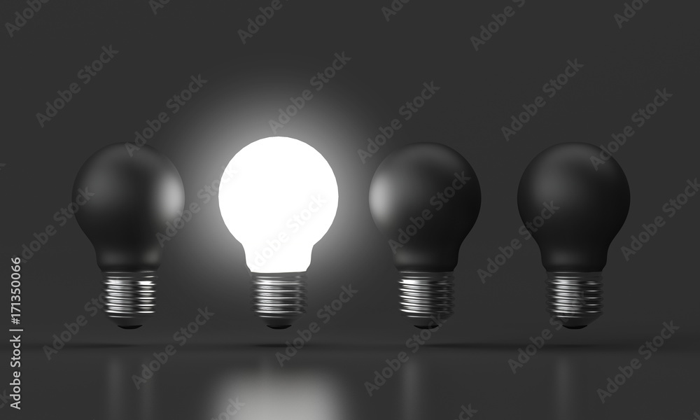 3d illustration - Brightness bulb standing out black bulb, Idea minimal Design Concept. 3d illustration - Brightness bulb standing out black bulb, Idea minimal Design Concept.