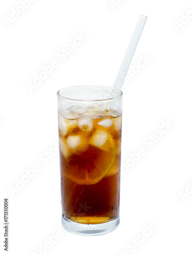 glass of cocktail or tea with glass drinking straw, ice and lemon isolated on white. object; beverage.