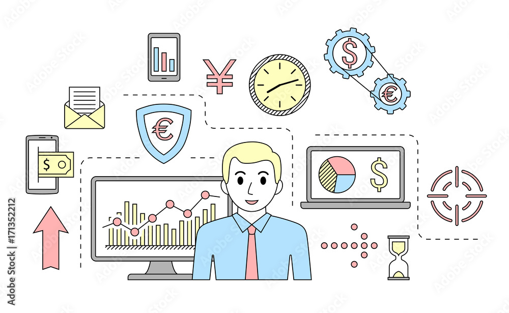 Stock market trade concept. Financial forex trading theme. Moneymaking investing business. Vector illustration. Stock market trade concept. Financial forex trading theme. Moneymaking investing business. Vector illustration.