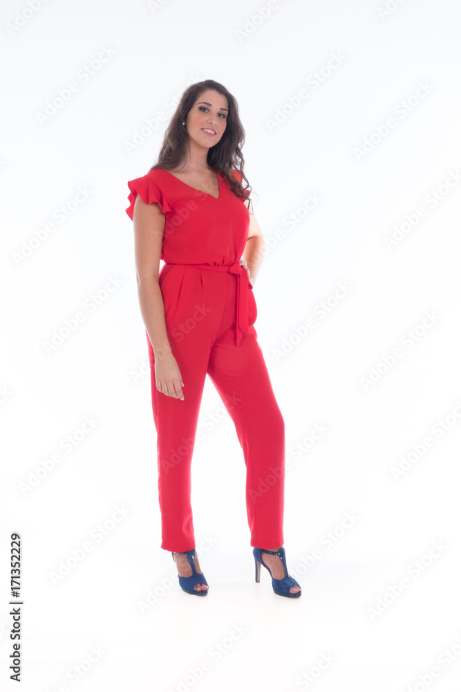 beautiful smiling young girl with long black hair in red dress,on white background beautiful smiling young girl with long black hair in red dress,on white background