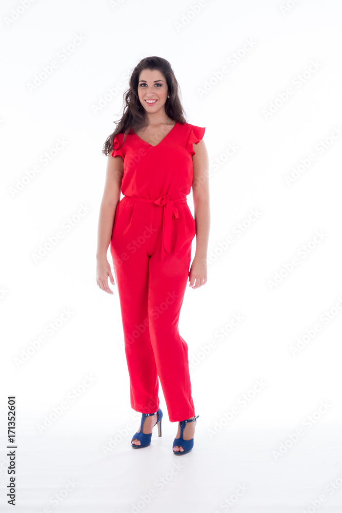 beautiful smiling young girl with long black hair in red dress,on white background beautiful smiling young girl with long black hair in red dress,on white background