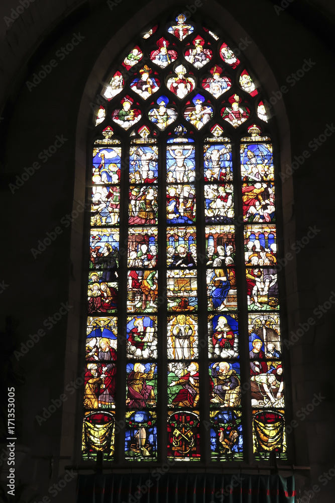 Iffendic, France - September 9, 2016: Stained glass window in the Church of Saint Eloi in Iffendic, France.