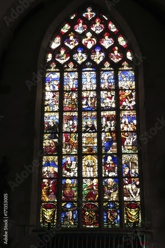 Iffendic, France - September 9, 2016: Stained glass window in the Church of Saint Eloi in Iffendic, France.