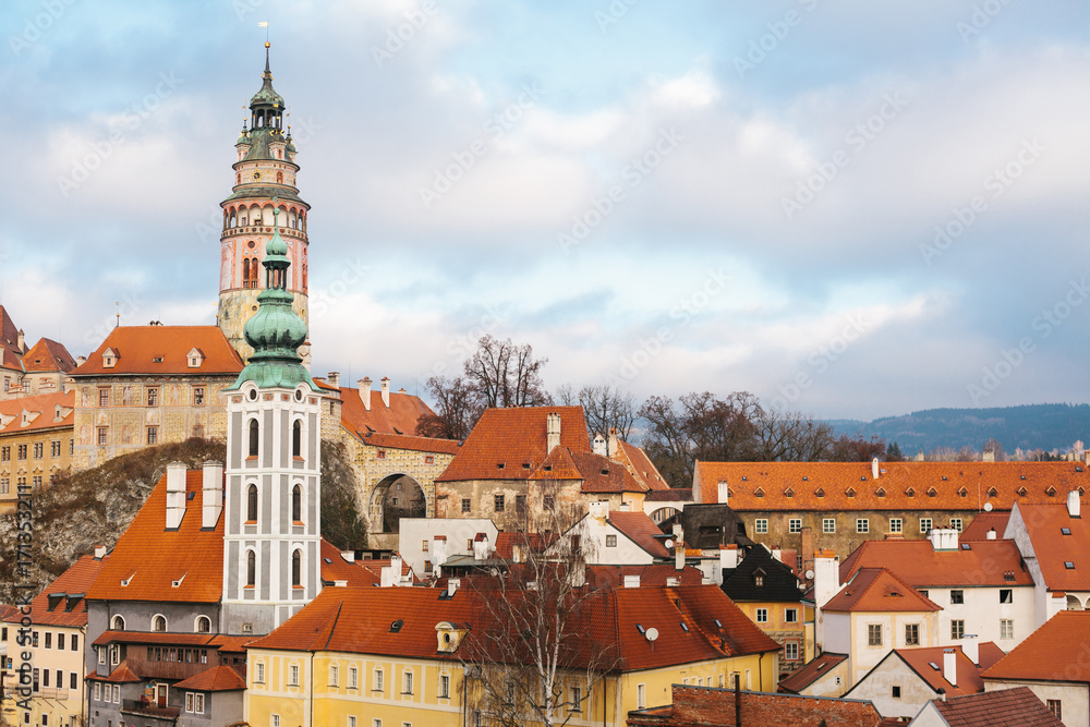 A fabulously beautiful view of the town of Cesky Krumlov in the Czech Republic. Favorite place of tourists from all over the world. One of the most beautiful unusual small cities in the world.