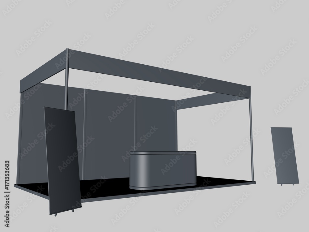 3d rendering of a gray exhibiton with two posters and a desk 3d rendering of a gray exhibiton with two posters and a desk