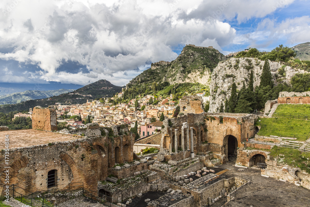 View of old amphitheater in Taormina, Italy