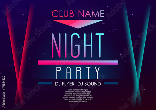 Horizontal music party poster with color graphic elements, dark background and text.  