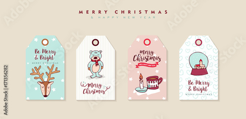Christmas and new year cute cartoon label set