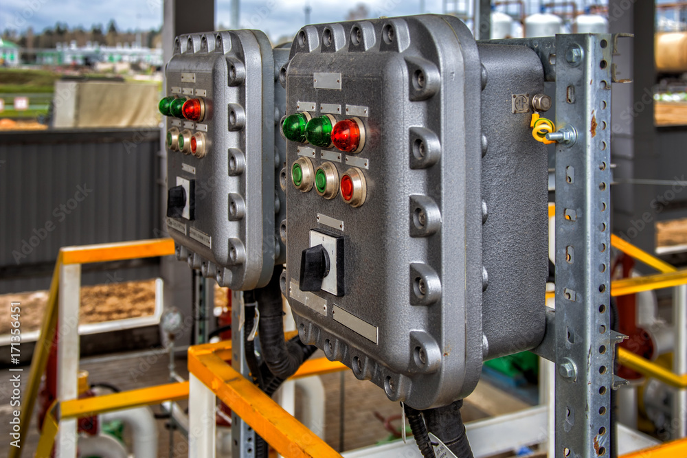 Part of power plant control panel with switches and lamps Part of power plant control panel with switches and lamps