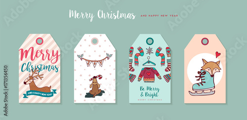 Christmas and new year cute cartoon label set