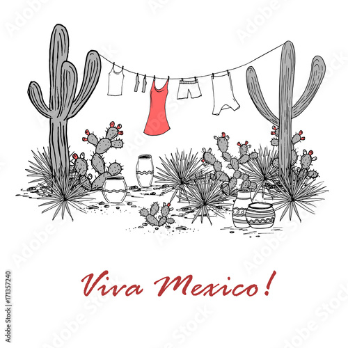 Funny hand drawn illustraytion with jars, saguaro, blue agave, prickly pear, and laundry hanging on a clothesline. Latin American background. Viva Mexico Vector.