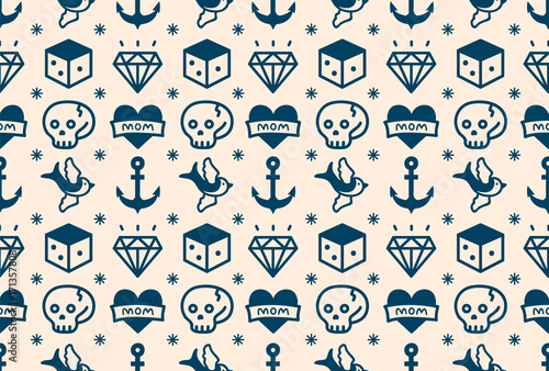 Old school tattoo hipster style seamless pattern.