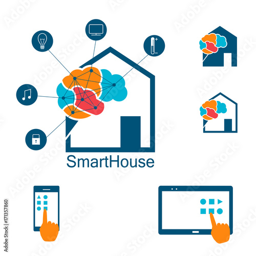 Smart house logo, automated, wireless controled house, icons and logo of house and appliances connected