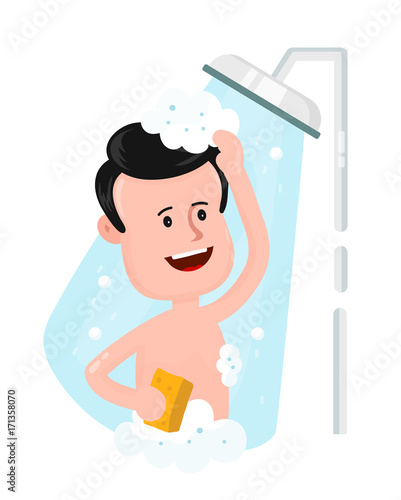 Happy smiling man take shower