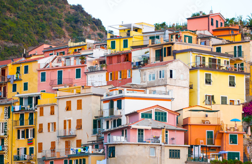 Close up. Colorful And Beautiful Villages In Cinque Terre One Of Five Lands Famous The City Has Been Ceded To UNESCO World The Building Consists Of Ancient Buildings.