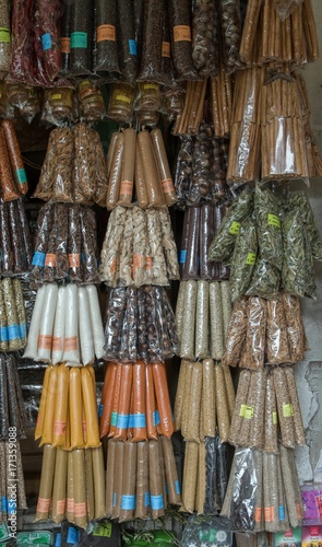 Spices exhibited outside a shop in Sri Lanka.