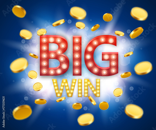 Big Win gambling games banner with big win inscription and gold explosion of coins.