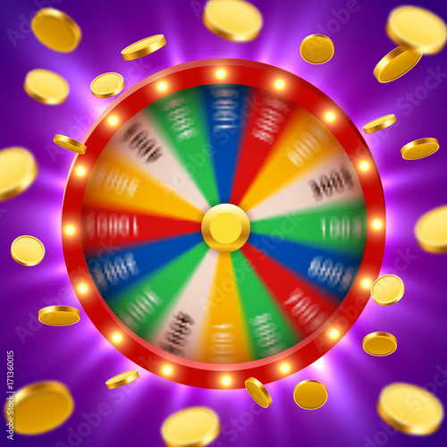 Realistic 3d spinning fortune wheel with flying golden coins. Lucky roulette.