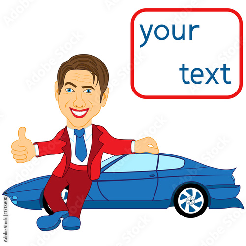 Happy man standing near blue car