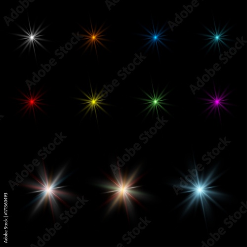 Stars, realistic, colorful, glitter. Set of illustrations