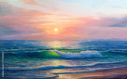 Morning on sea  wave  illustration  oil painting on a canvas.