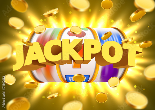 Golden slot machine with flying golden coins wins the jackpot. Big win concept.