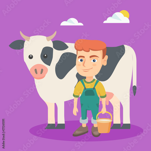 Little caucasian farmer boy milking a cow in farm. Smiling farmer boy with bucket standing on the background of cow. Vector sketch cartoon illustration. Square layout.