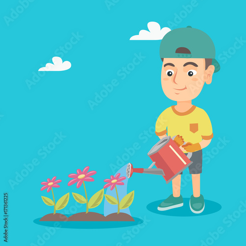 Little Caucasian Boy Watering Flowers In The Garden Young Boy Pouring Water From A Watering Can On Flowers Boy Taking Care Of Flowers Vector Sketch Cartoon Illustration Square Layout Stock Vector