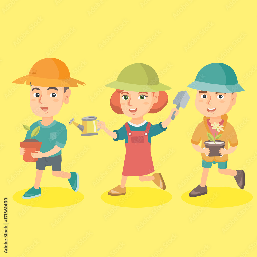 Group of three caucasian children walking with plant in pot, gardening shovel, watering can and flower. Happy children are going to plant flowers. Vector sketch cartoon illustration. Square layout. Group of three caucasian children walking with plant in pot, gardening shovel, watering can and flower. Happy children are going to plant flowers. Vector sketch cartoon illustration. Square layout.