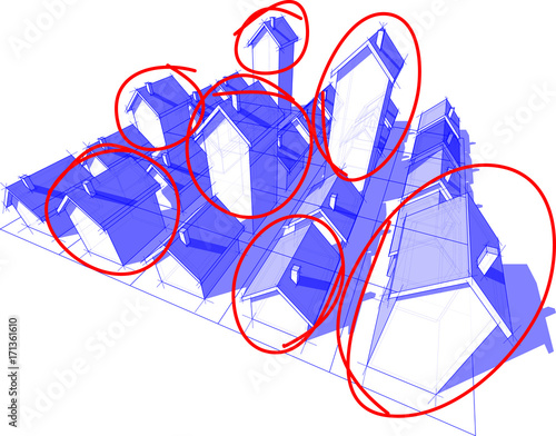 field of twenty five transparent blue simple detached houses with different height on rectangular  grid composed of squares with red hand drawn sketches highlighting each type of house in classes