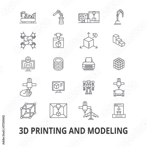 3d printing, model, graphics, prototype, modeling,  manufacturing, production line icons. Editable strokes. Flat design vector illustration symbol concept. Linear signs isolated on background