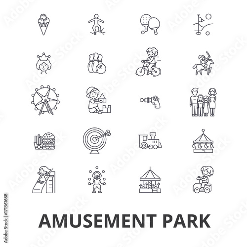 Amusement park, roller coaster, carousel, carnival, entertainment, childhood line icons. Editable strokes. Flat design vector illustration symbol concept. Linear signs isolated on background