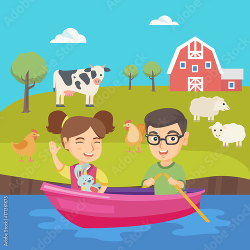 Caucasian brother and sister riding on the boat on the lake. Little friends floating in a boat on the pond. Happy boy and girl traveling by boat. Vector sketch cartoon illustration. Square layout.