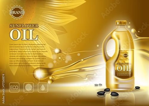 Bottle of sunflower oil with seeds