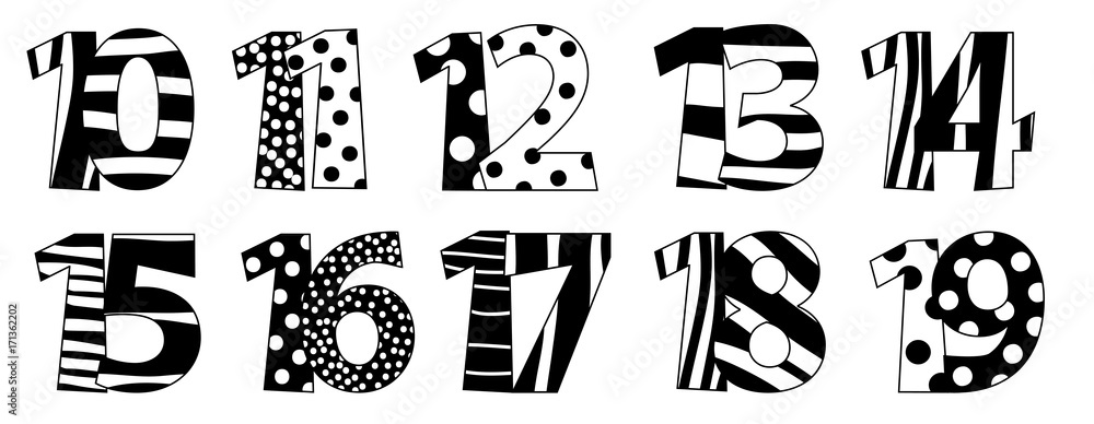 Nice black and white numbers set 10-19, vectors illustration Nice black and white numbers set 10-19, vectors illustration