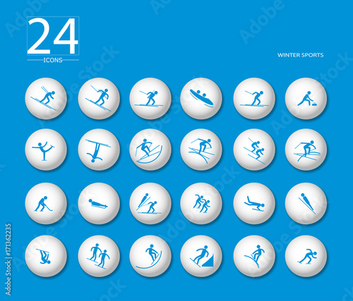 eps 10 vector set of 24 winter sport icons. Silhouette sport sign collection. Pyeongchang indoor and outdoor activities, single, team sport included. Graphic clip art for design, mobile, web, print