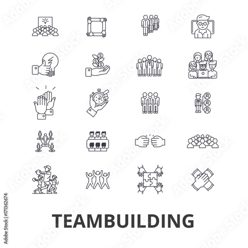 Teambuilding, community, teamwork, leadership, team spirit, business company line icons. Editable strokes. Flat design vector illustration symbol concept. Linear signs isolated on background