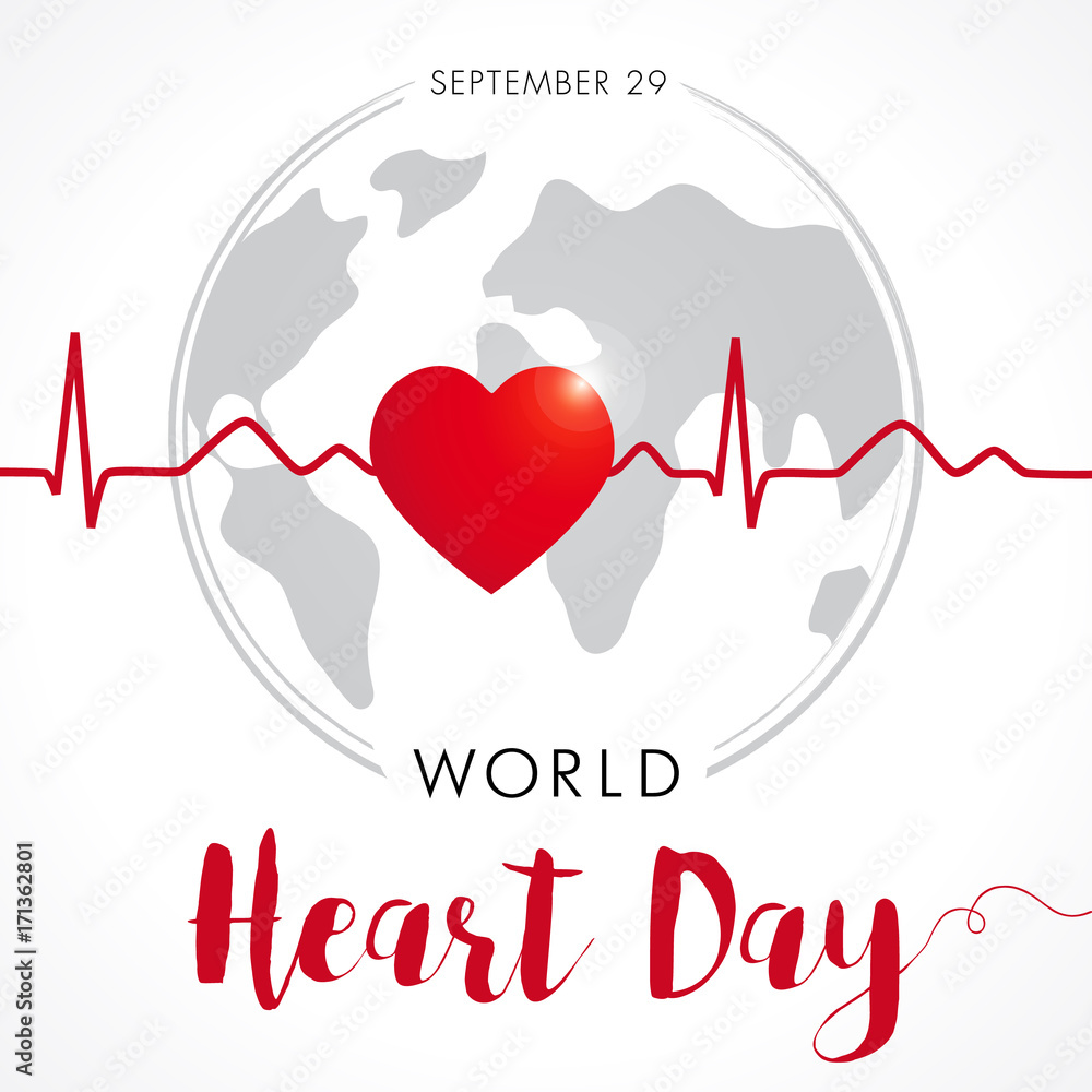 World Heart Day card, heart and cardio pulse trace on globe. Vector illustration concept World Heart Day background for banner or poster. September 29