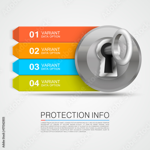 Protection info arrow. Key infographic, padlock info arrow. Vector illustration