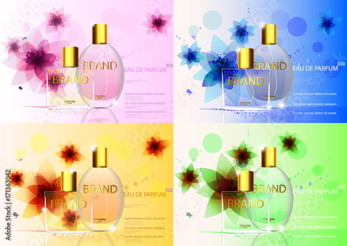 eps10 vector set of advertising posters. Luxury eau de parfum isolated on flower background. Premium cosmetics and perfumery advertisement banners for web, print. Realistic bottle with vaporizer spray