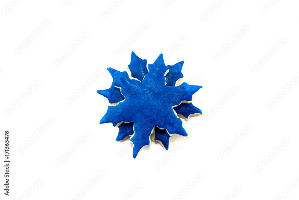 zwei Weihnachtsplätzchen (blaue Sterne) liegen übereinander zwei Weihnachtsplätzchen (blaue Sterne) liegen übereinander