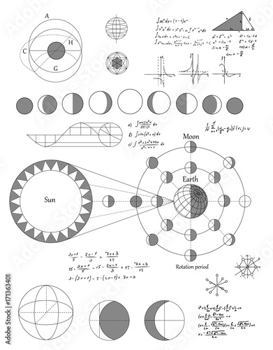 Sciense moon phases scheme, vector background