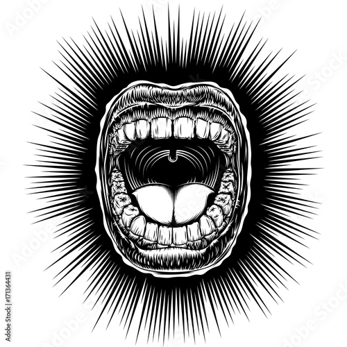 Open mouth with bared teeth and tongue; Screaming singing shouting yawning mouth; Jaw drop; T-shirt print design from vintage tattoo in ink hand drawing retro style; Vector monochrome black and white