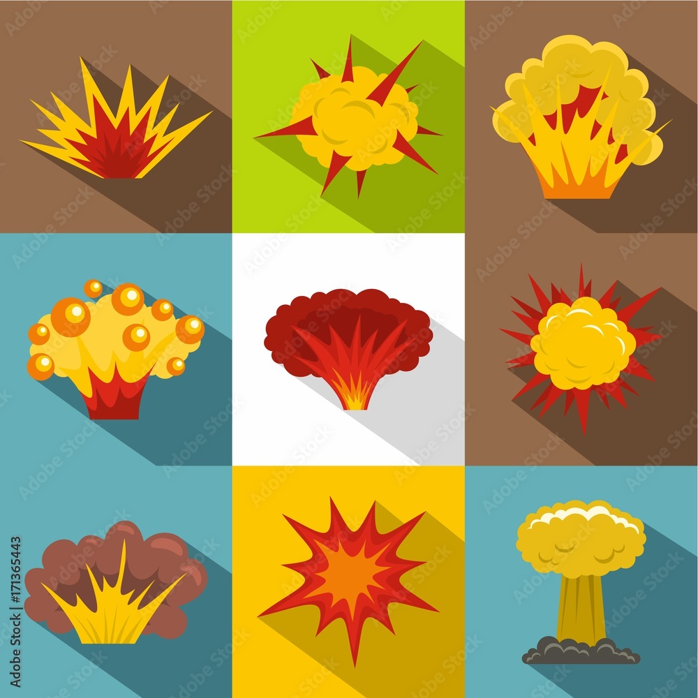 Explosion destruction icon set, flat style