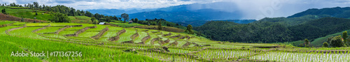 Panorama view of little hut and Rice terrace in a cloudy lighting surrounded by trees and mountains with a raining storm in the background at Pa Bong Piang near Mae Chaem, Chiangmai, Thailand..