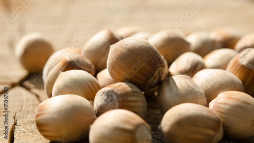 Hazelnuts on a rustic background. Healthy snack 