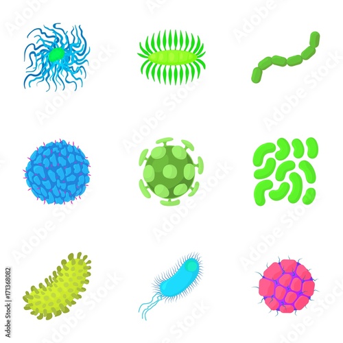 Microbe icons set, cartoon style